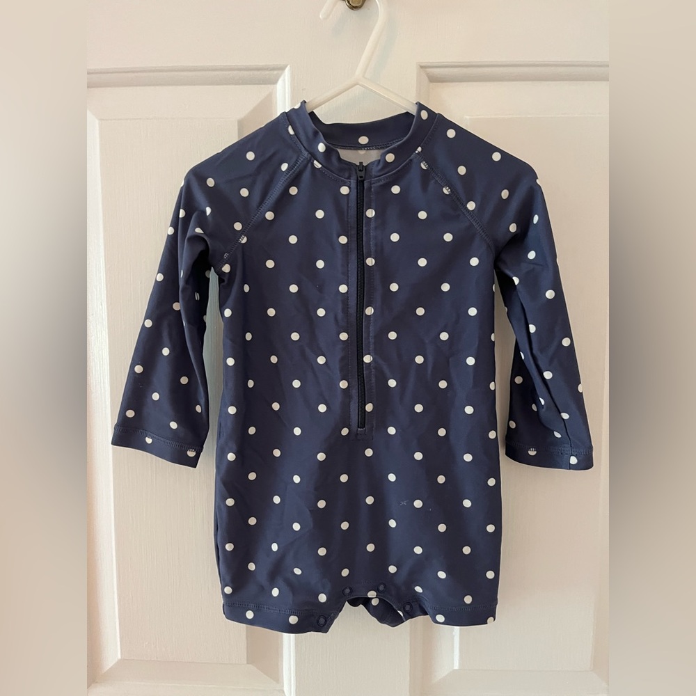 Primary Navy Polka Dots One-piece Rash Guard Swimsuit, Size 12-18m